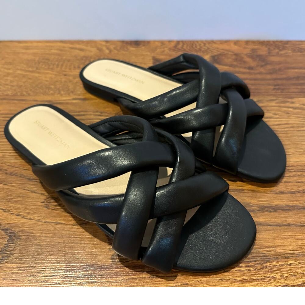 Stuart Weitzman Crossover Leather Slides Black Women’s Size 7 Minimalist Luxury
